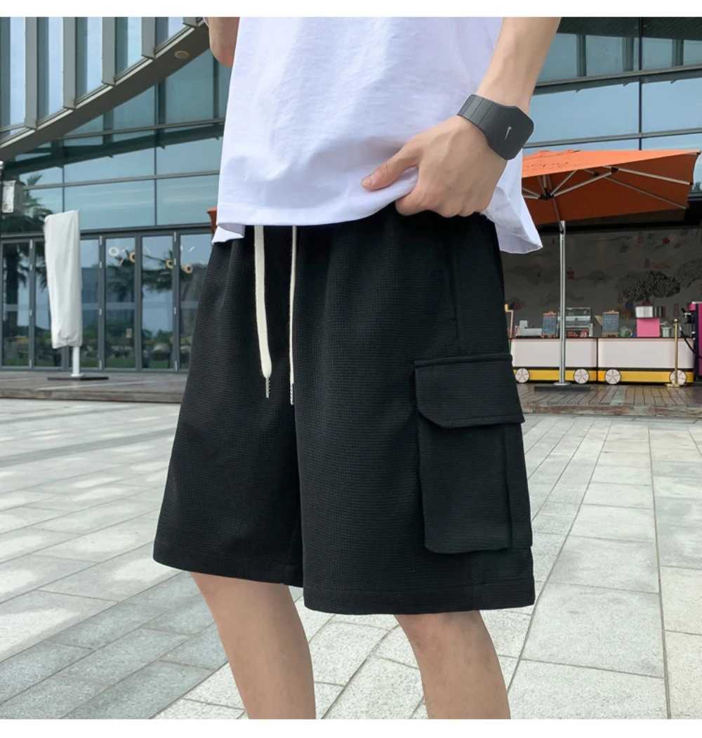 Mens summer cargo shorts Waffle fabric mens multi-pocket solid color casual shorts Youth mens sports shortsX240921