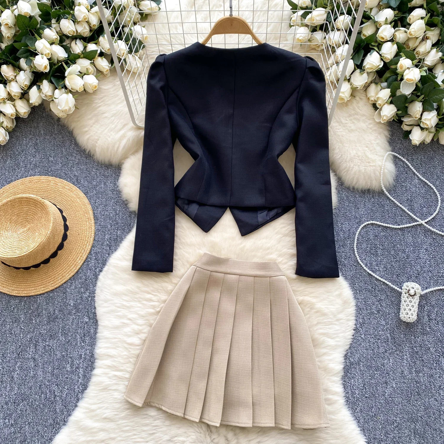 Fashionable twopiece sweet floral Oneck long sleeved single chest basic coat retro Aline skiing high street womens clothing 240918