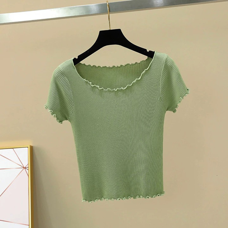 Designer Knitted Ice Silk Sleeves Women's T-shirt 2024 New Style Slimming Ruffle Collar Black Ear Edge High Waist Short Top Free Shipping