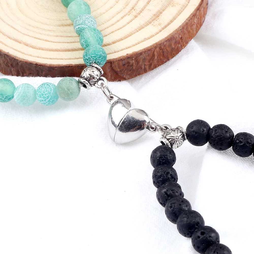 2Pcs/Set Romantic Heart Shape Magnet Pendant Bracelets 6 8MM Weathered Stone Bangles Jewelry Couple Handmade Strench Pulsera NewX240921