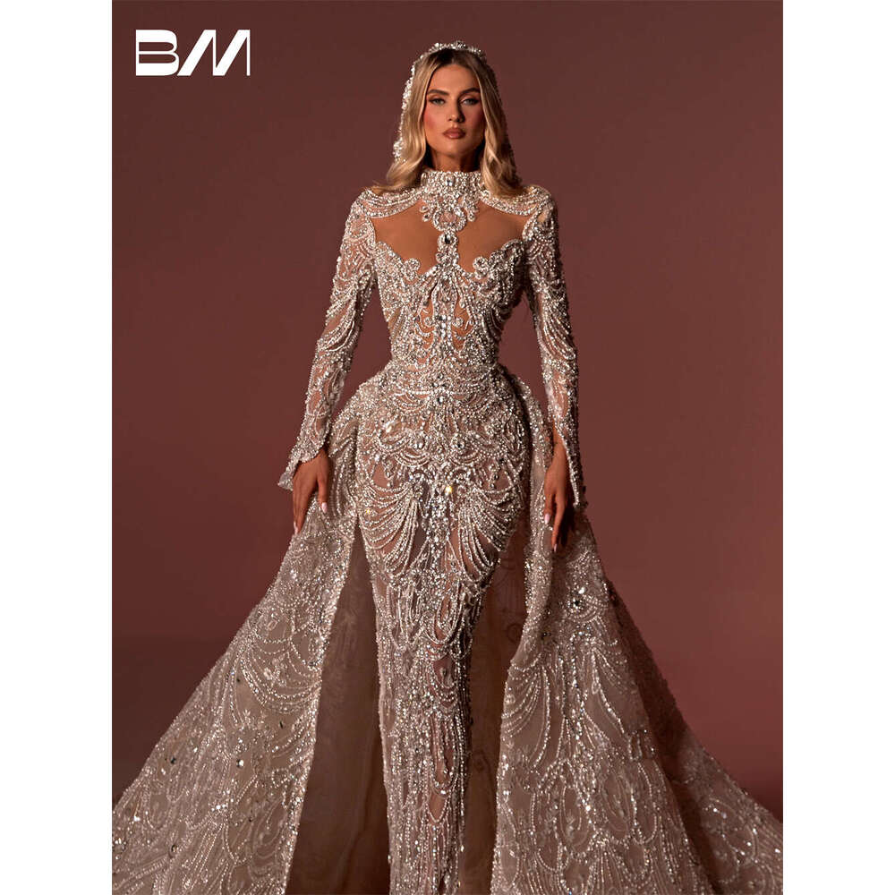 Sexy Illusion Long Sleeve Wedding Dresses High Neck Jeweled With Detachable Train Champagne Bride Dress Robe De Mariee Bridal