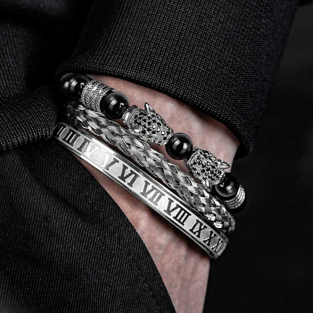 3PCS Mens Premium Black Agate Beaded Bracelet Set - Double Leopard Head Roman Numerals Adjustable Braided Design BraceletsX240921