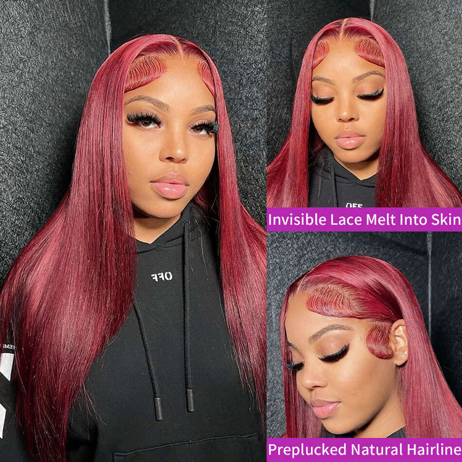 250 Density 99J Bury 13x6 Frontal Brazilian Colored 30 40 Inch Straight Red Lace Front Wigs Human Hair