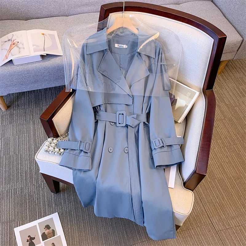 Spring Women Mid-Length Blue Trench Coat With Belt Korean Casual Double-breasted Lapel Long Sleeve Elegant Female WindbreakerX240921