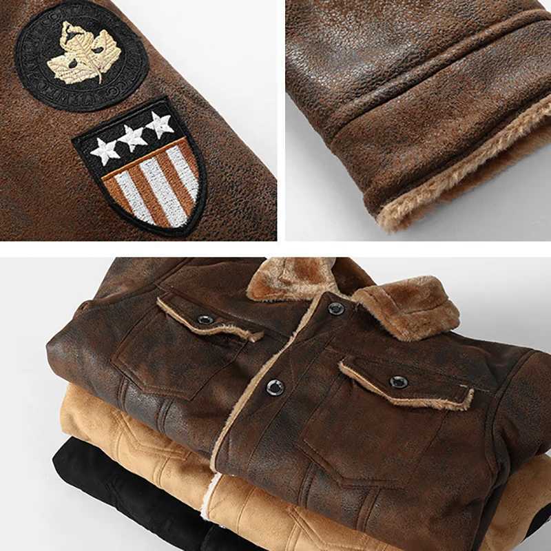 New mens leather jacket winter wool motorcycle synthetic leather jacket fashionable mens windproof lapel zipper jacket mens jacket W240918