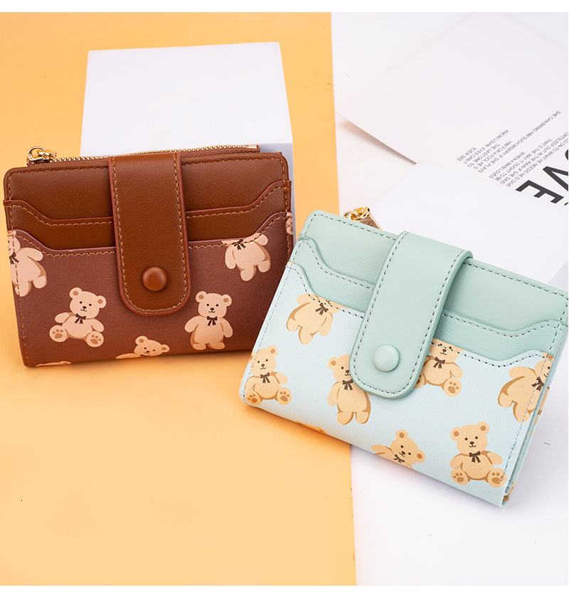 2024 New Designer Women's Short Wallet PU Leather Women's Double Fold Wallet Cute Bear Card Girl Small Zipper Wallet with Coin Wallet Free S