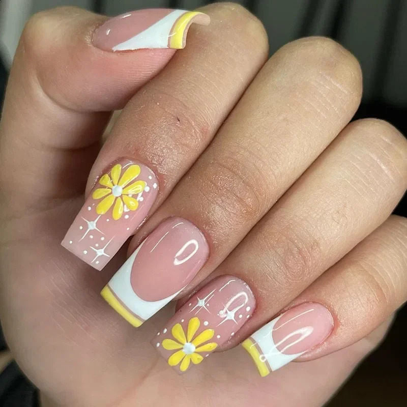 Heallor 24pcs French Detachable Fake Nails Short Square Colorful Love Stars False Nails Full Cover Nail Tips Fake Nails Press on 240914