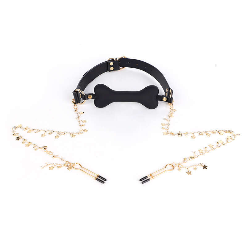 Sexy SM Prop Light Luxury Genuine Leather Silicone Mouth Stopper Maid Training Torture Tool Bone Mouth Stopper with Diamond Long Chain Breast Clip