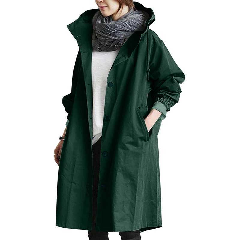 Hooded Pocket Long Sleeve Windbreaker Loose Coat Mid Length Jacket British Style Women Clothes Solid Autumn Thin Casual VintageX240921