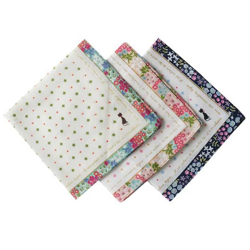 3Pcs 33x33cm Cartoon Cat Flower Printed Women Kids Handkerchiefs Bandanas Pocket Hankies Soft Cotton Party GiftX240921