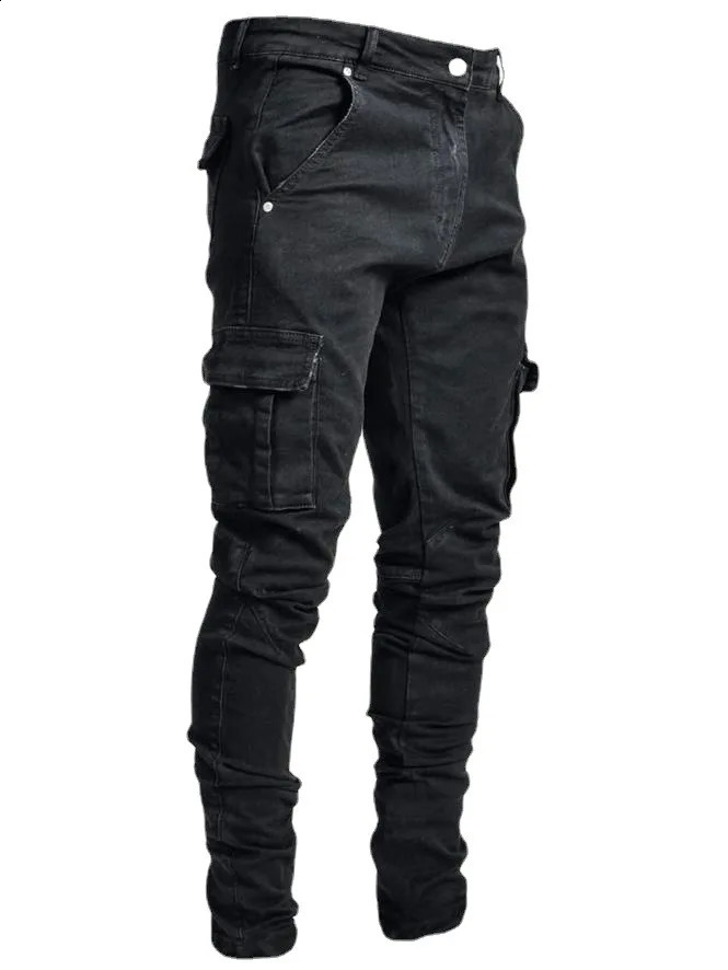 Men Jeans Pencil Pants Cargo Denim Solid Ankle Length Washing Pockets Mid Waist Sheath Slim Slight Strech High Street 2024 240921