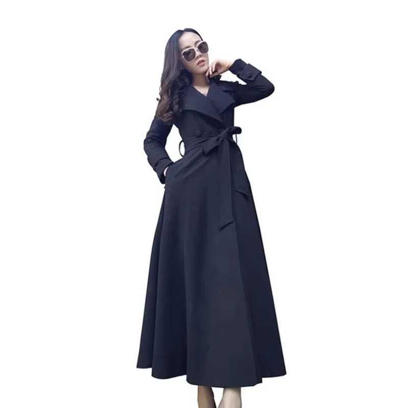 Womens Korean Slim Belt Black Formal Trench Coat Leisure Long Windbreaker Female Outwear Spring Autumn New 2023X240921