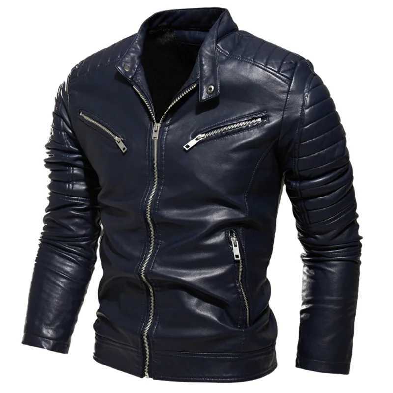 Mens fur lined warm motorcycle jacket ultra-thin street fashion black bicycle jacket with pleated design zipper 2024 winter black leather jacket W2409