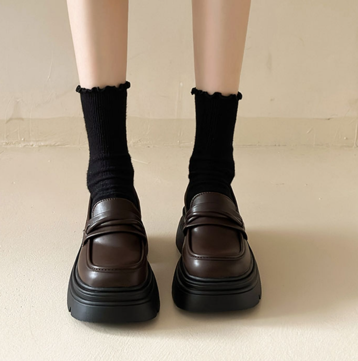 Casual Women's Slip-On Chunky Heel Leather Shoes with Thick Sole in Triple Black and Brown 9f10