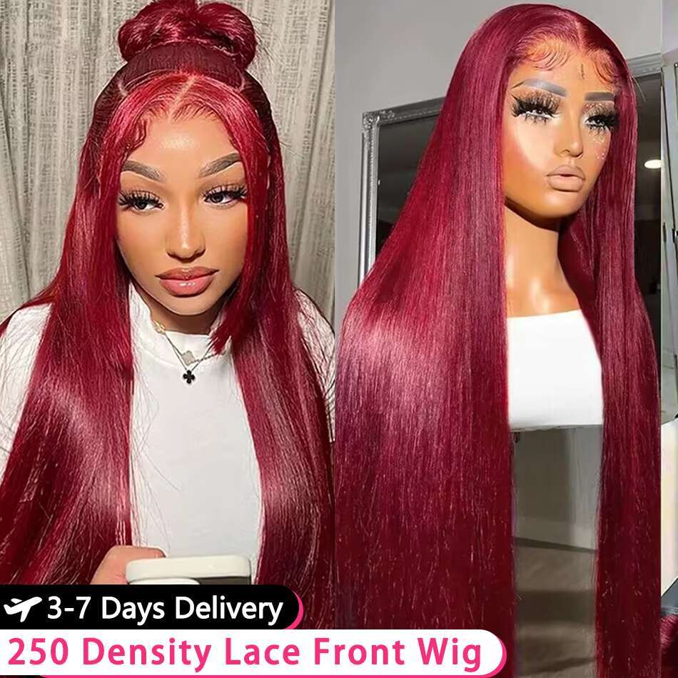 250 Density 99J Bury 13x6 Frontal Brazilian Colored 30 40 Inch Straight Red Lace Front Wigs Human Hair