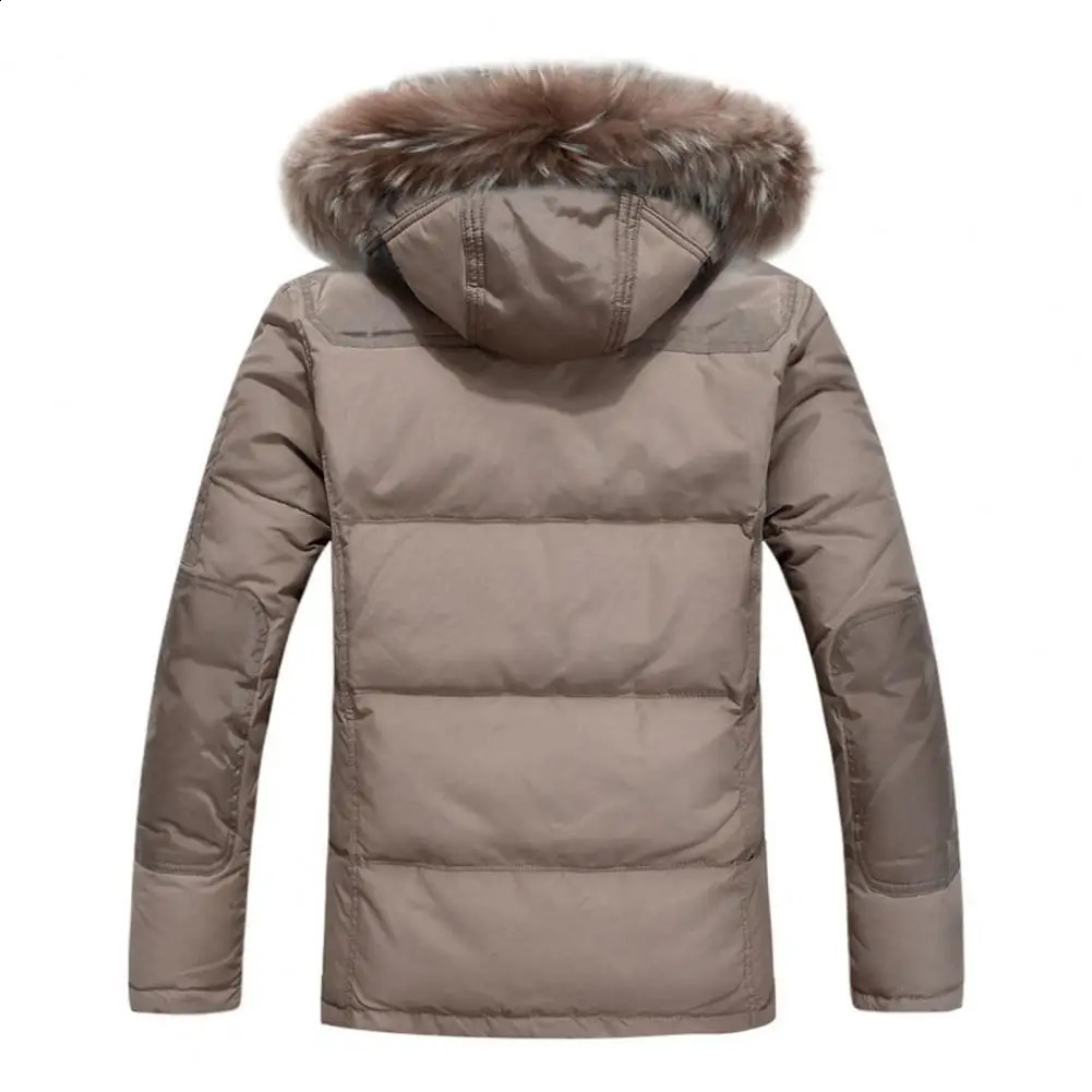 Men Down Jacket Fur Collar Hooded Drawstring Long Sleeve Solid Color Winter Coat Zipper Placket Pockets Thickened Puffer Outwear 240909