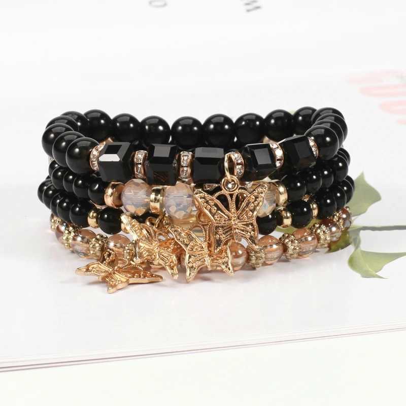 4 Pieces/Set Fashion Multi-Layer Beads Butterfly Pendant Bracelet Boho Artificial Glass Hand-Beaded Bracelet Jewelry GiftsX240921