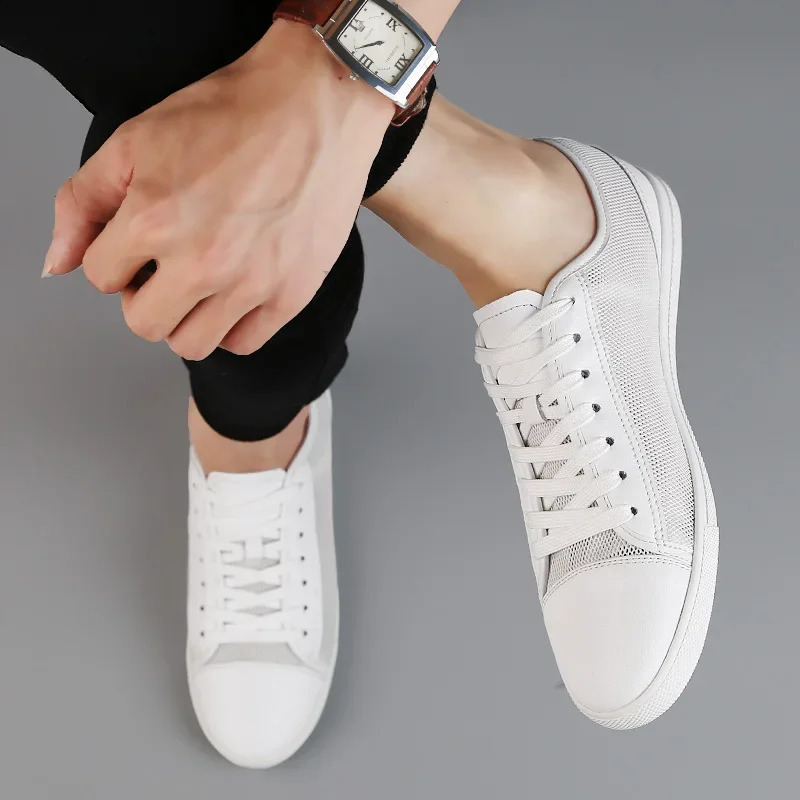 Lightweight Genuine Leather Mens Flats shoes Leisure Trend Korean Version Solid black White summer breathable Men Casual Shoes 240914