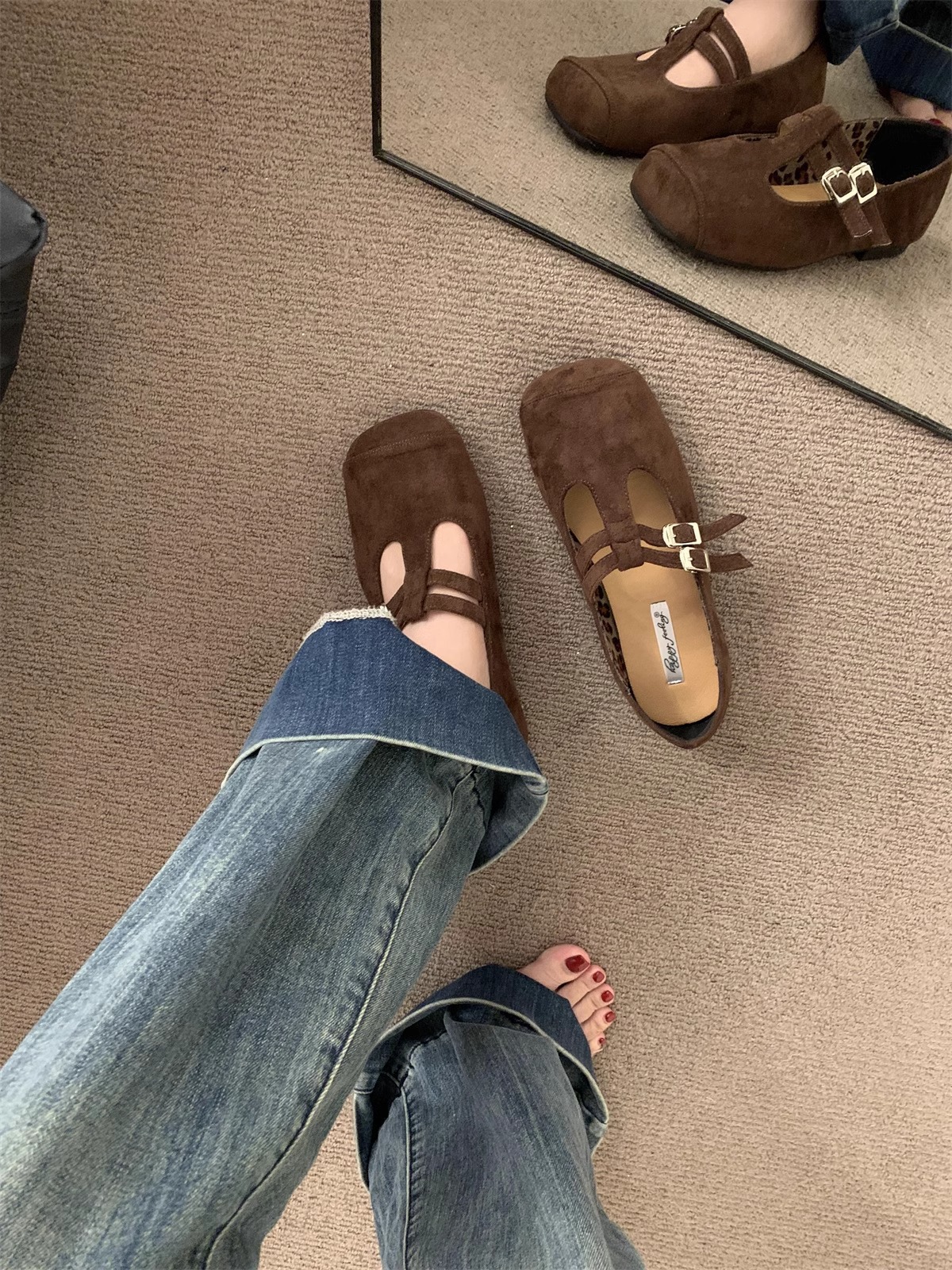 Women's Comfort Flat Shoes: Soft Sole Casual Shoes, Square Toe, Trendy Commute Footwear in Red, Brown, Coffee 036c