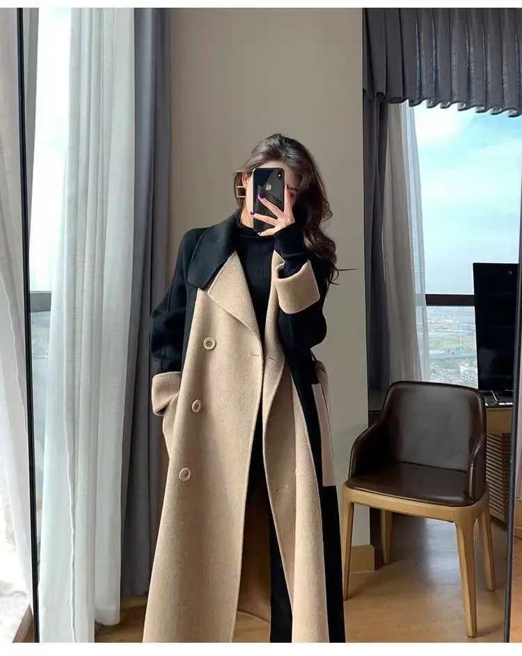 Womens Woolen Long Overcoat With Belt Spring Autumn New Double Sided Fleece Wool Color Matching Style Slim Splicing CoatX240921