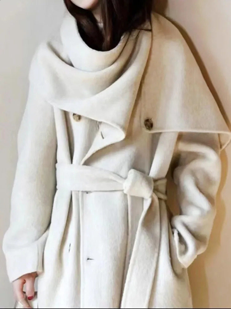 Coat Shawl Scarf Collar Double breasted Solid Color Extended Womens Double sided Woolen Coat 240911