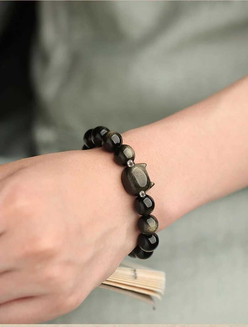 1 Pc Fashion Obsidian Cat Head Geometric Minimalist Natural Stone Black Beaded Bracelet Women Men Party Gift Daily JewelryX240921