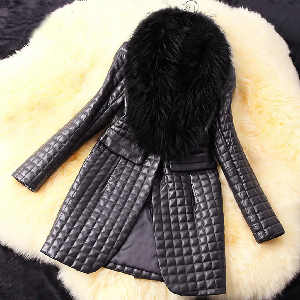 Womens long leather synthetic womens winter coat womens office jacket womens jacket 240921 - view 6