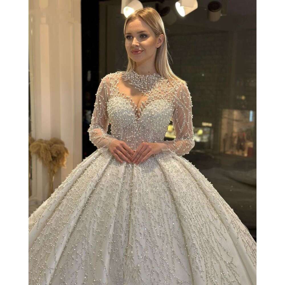 Glamorous Pearls Sequins Beading Princess Wedding Dresses Long Sleeves Bride Ball Gowns Vestidos De Novia