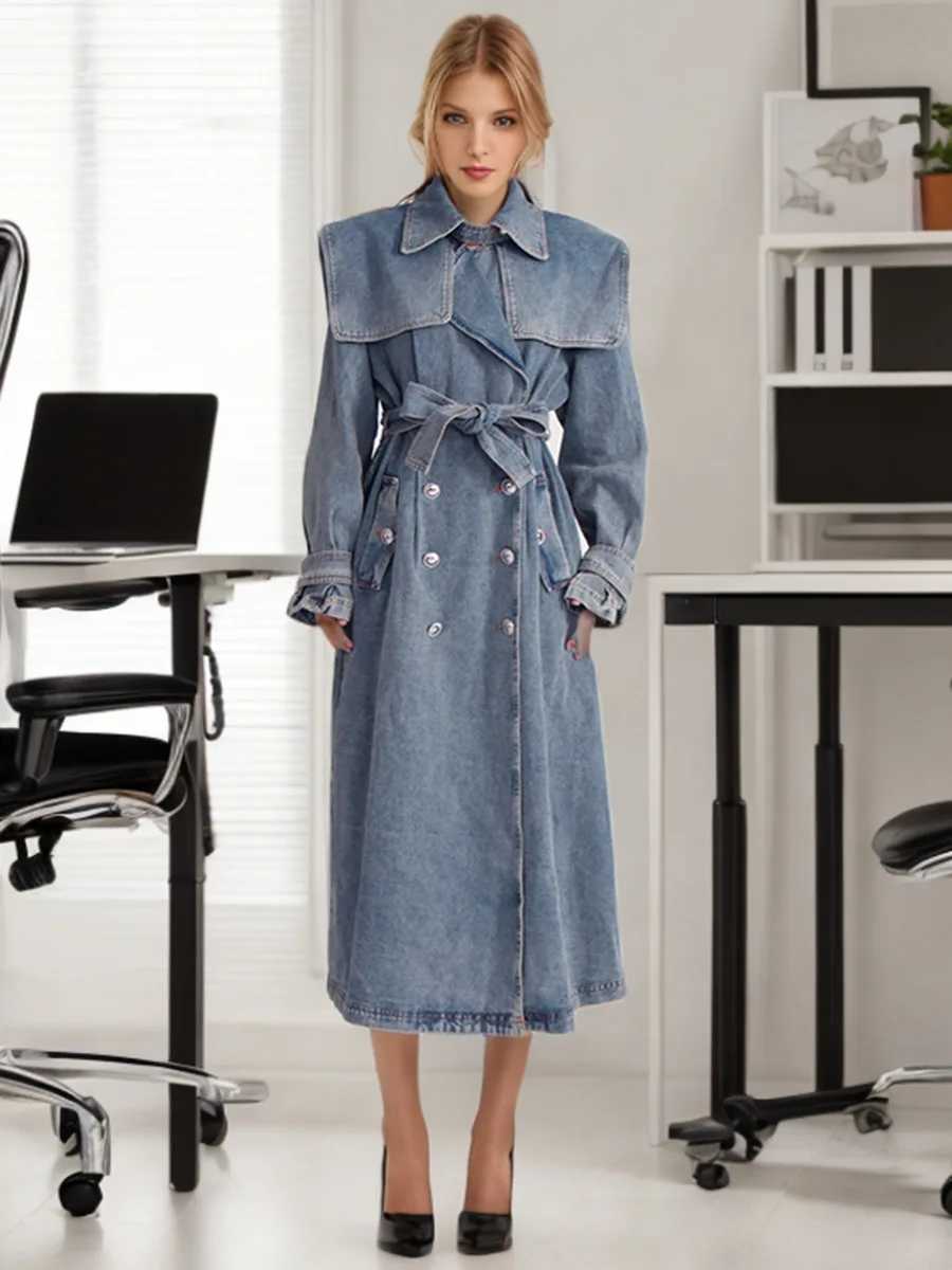 womens vintage lace up lapel long denim trench coat double breasted waisted slim mid length denim jacketX240921