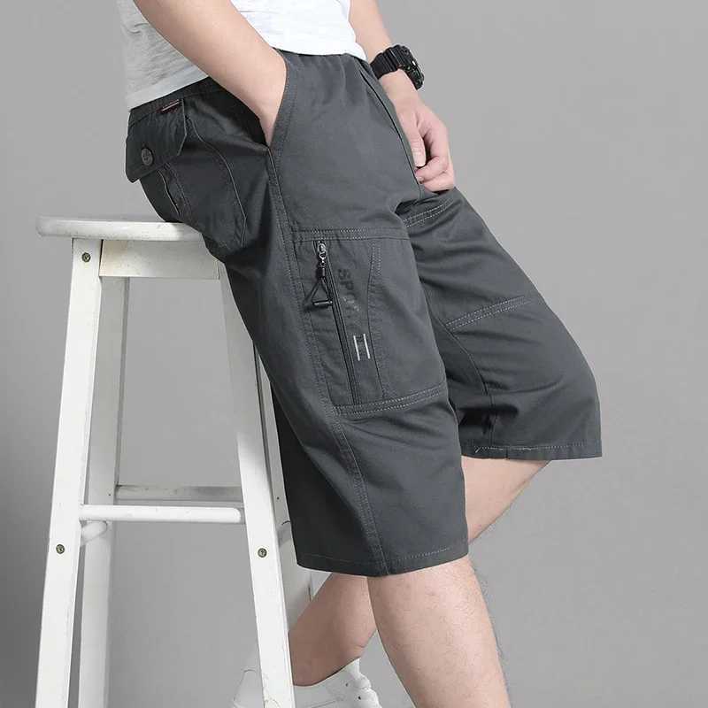 Mens Cargo Shorts Knee Pants Zipper Pocket Summer Cotton Shorts Climbing Jogger Elastic Waist Sports WearX240921