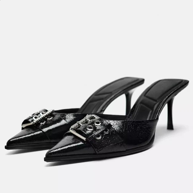 Pointed Toe Womens Mule Shoes Belt Buckle Black Patent Leather Stiletto High Heels Fashion er Womens Summer Sandals 240919