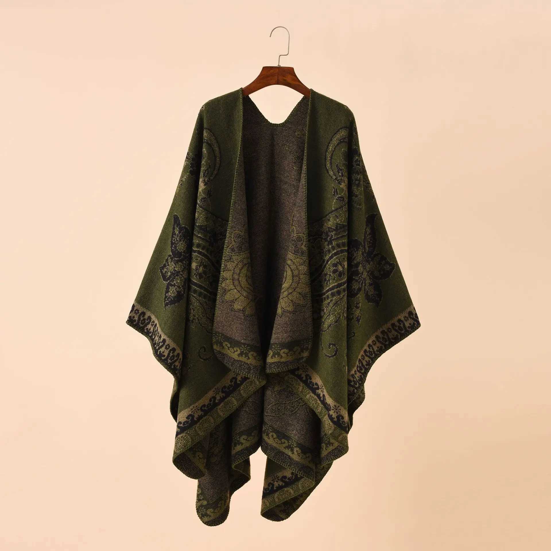 2022 Autumn and Winter New Street Geometric Grid Pattern Imitation Cashmere Warm Shawl Womens Raincoat Shawl Red W240921