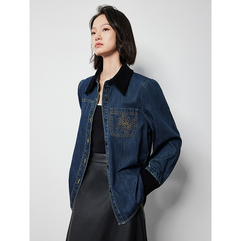 TOYOUTH Women Denim Jacket 2024 Autumn New Spliced Letter Embroidered Pure Cotton Outwear Coat