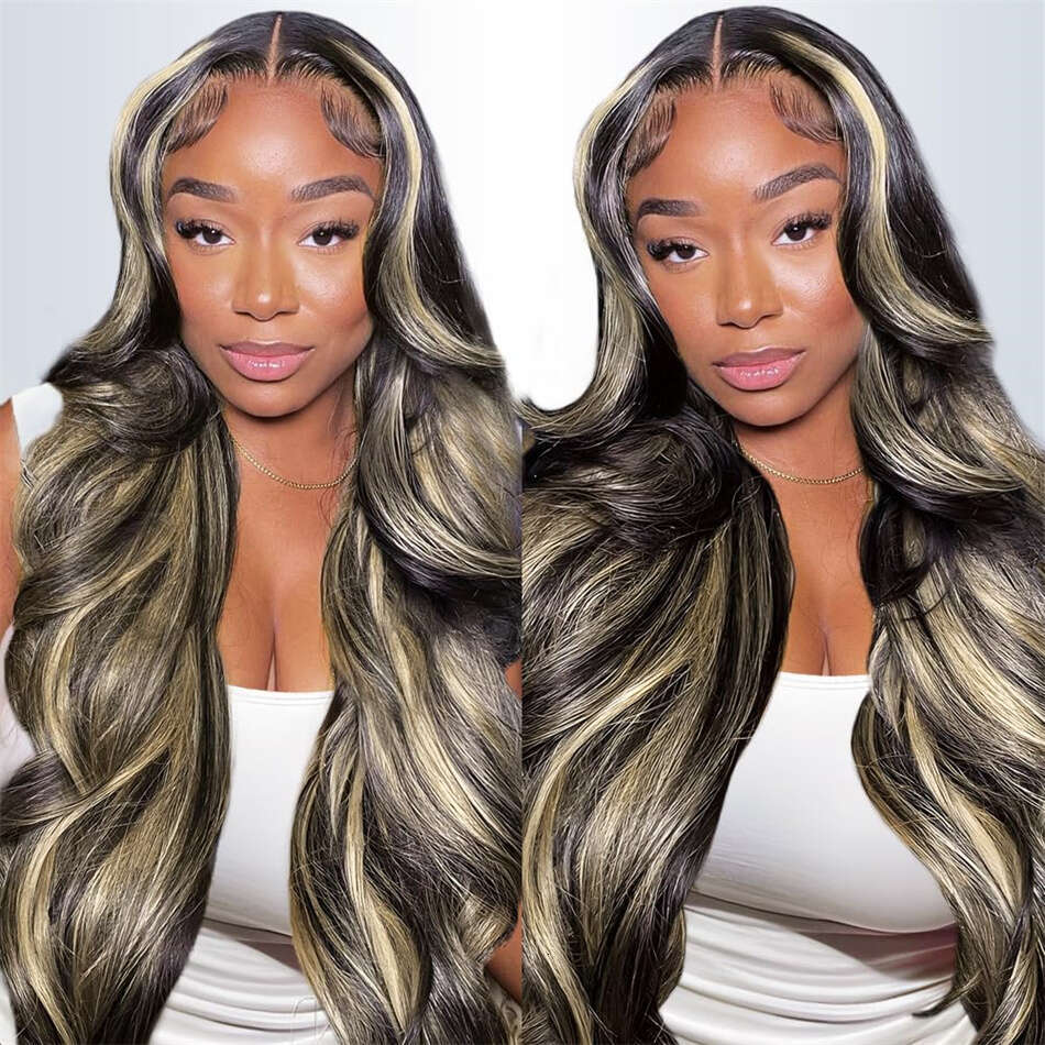 13x6 Frontal Body Wave Human Hair Wigs Blonde 27 with Black Pre Plucked 13x4 Highlight Transaprent Lace Front Wig for Women