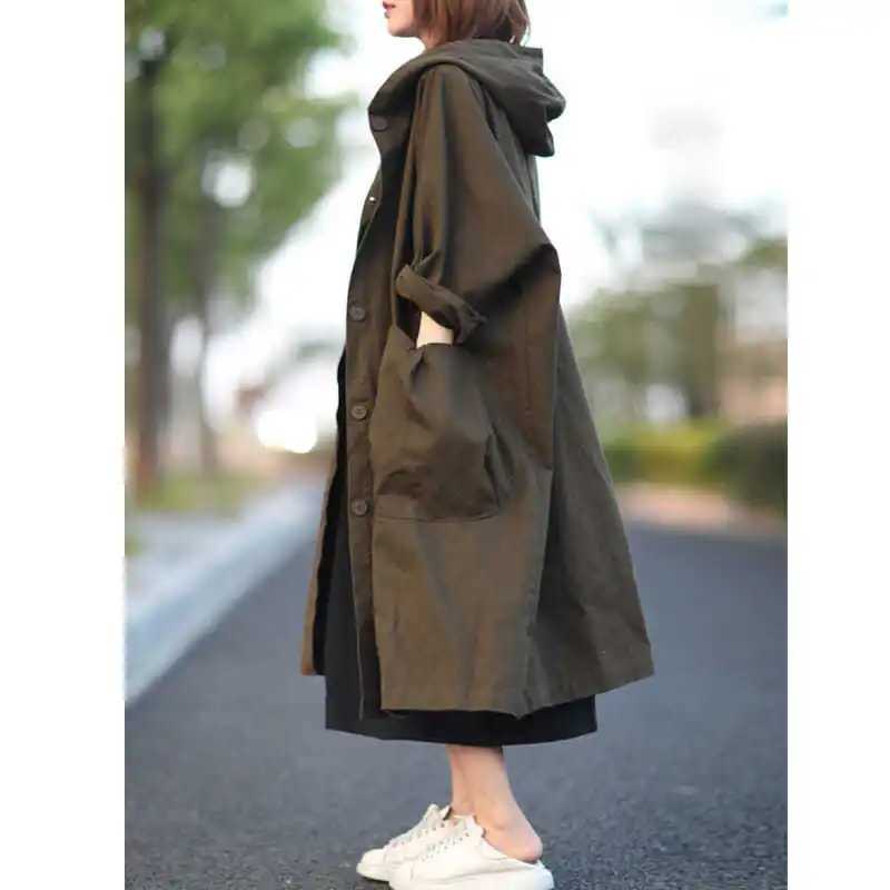 5544 Artsy Women Mid-Length Hooded Trench Coat Casual Simple All-Match Big Pocket Elegant Daily Fashion Urban Green WindbreakerX240921