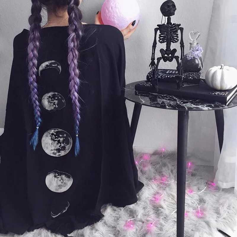 FICHOR Gothic Moonphase Womens Black Cloak Autumn/Winter Geometric Y2k Graphic Gothic Coat Large Irregular Raincoat for Women W240921