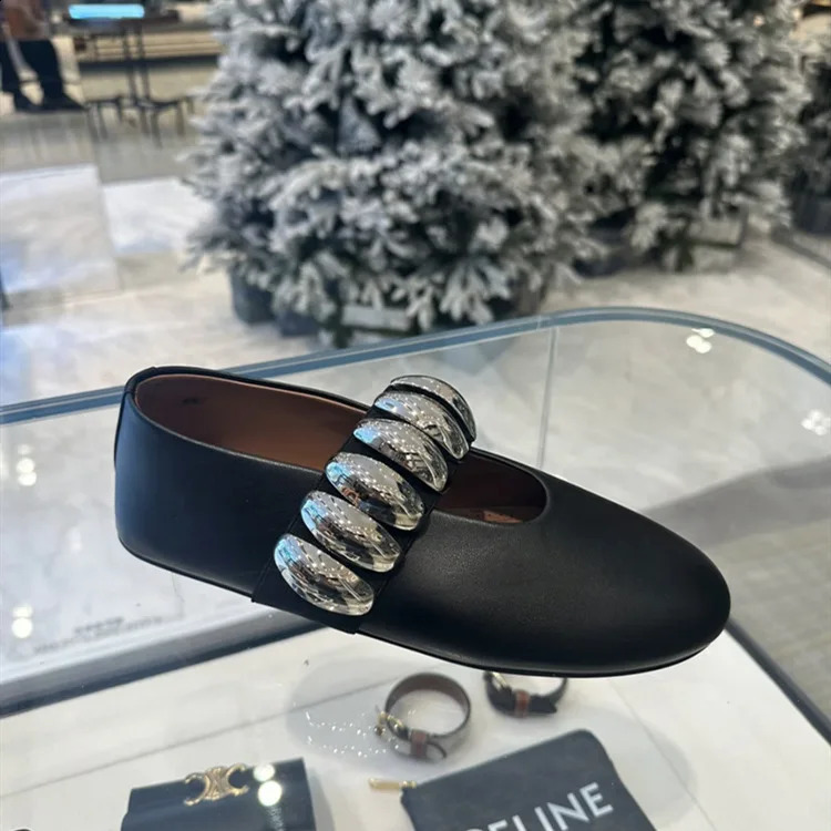 Diamond Stud Ballet Flat Shoes Womens Silver Leather Crystal Shoes Comfortable Party and Banquet Shoes 240919