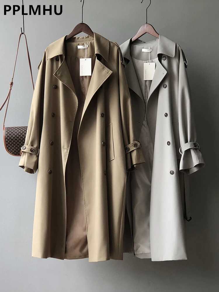 Khaki Double Breasted Long Trench Coats Women Casual Loose Korean Gabardina New Lapel Classic Oversized Windbreaker JacketsX240921