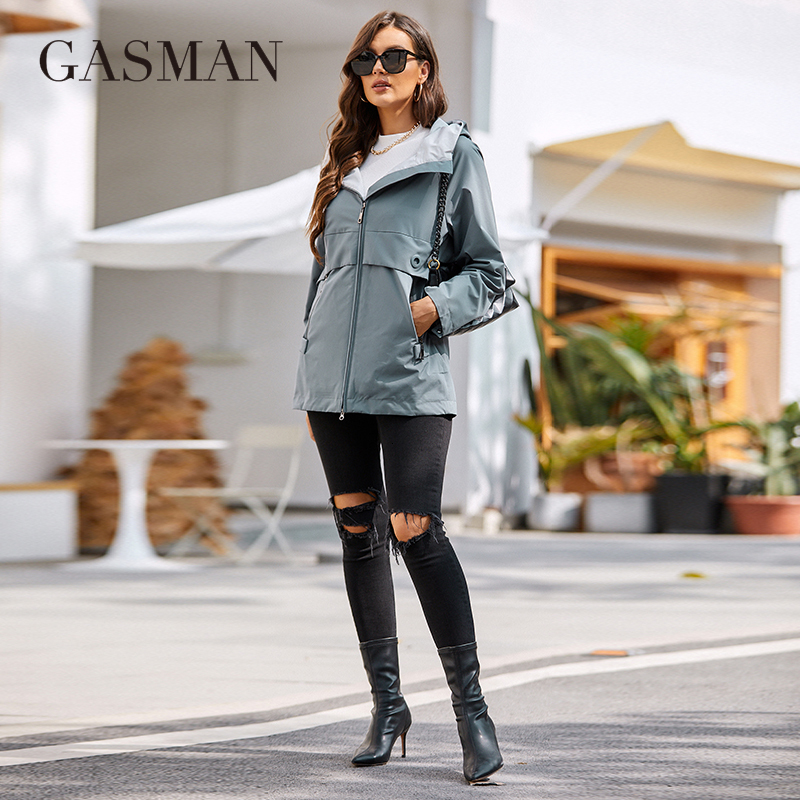 GASMAN New Women's Jacket Spring 2022 Short High-Quality Trench Coat Women Windbreaker Hooded Design Solid Female Outwear 8223