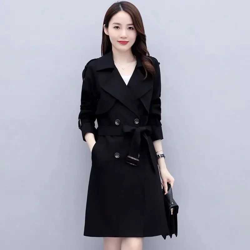 Women Trench Coat Spring Autum New Fashion Khaki Black Double-Breasted Mid Length Windbreaker Female Outerwear Gabardina MujerX240921