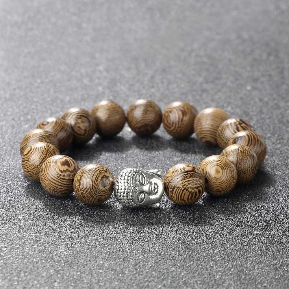 Vintage 8 10 12mm Wooden Beads Bracelet Charm Buddha Head Prayer Stretch Bangles Men Buddhist Bracelets Women Yoga Wrist JewelryX240921