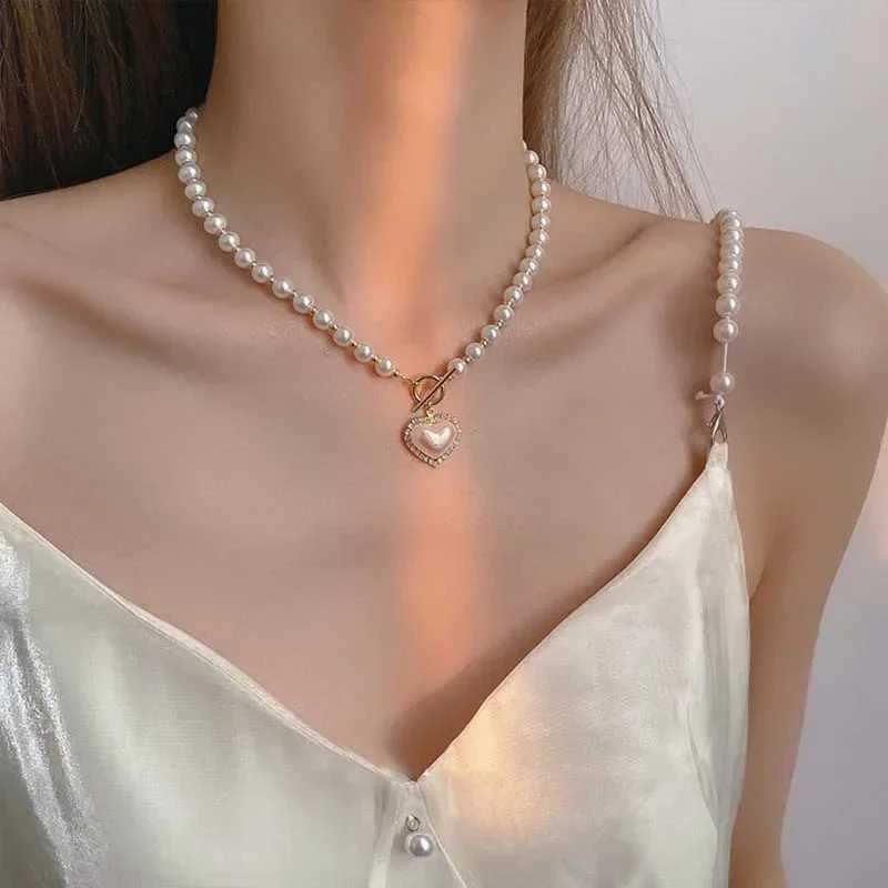 Simulated Pearl Necklace Vinatge Simulated Pearl Pendant Necklace Womens Simple OT Buckle Kravik Chain Party Jewelry W240918
