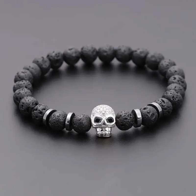 Black Eye Skull Hematite Bead Bracelet Men Classic Handmade 8mm Lava Stone Charm Bracelet For Men Jewelry GiftX240921