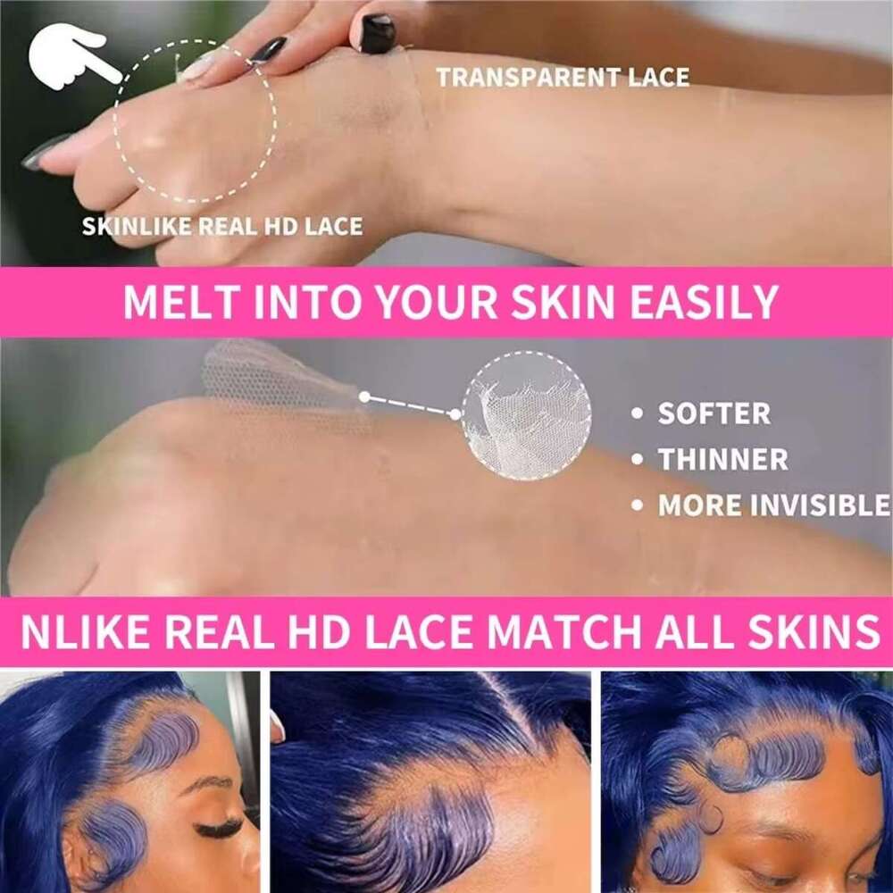 13x4 Navy Body Wave Frontal Brazilian Hair Blue Colored HD Transparent Lace Front Wigs For Women Pre Plucked
