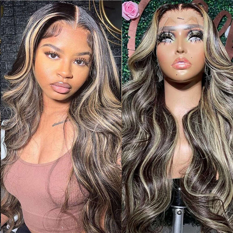 13x6 Frontal Body Wave Human Hair Wigs Blonde 27 with Black Pre Plucked 13x4 Highlight Transaprent Lace Front Wig for Women