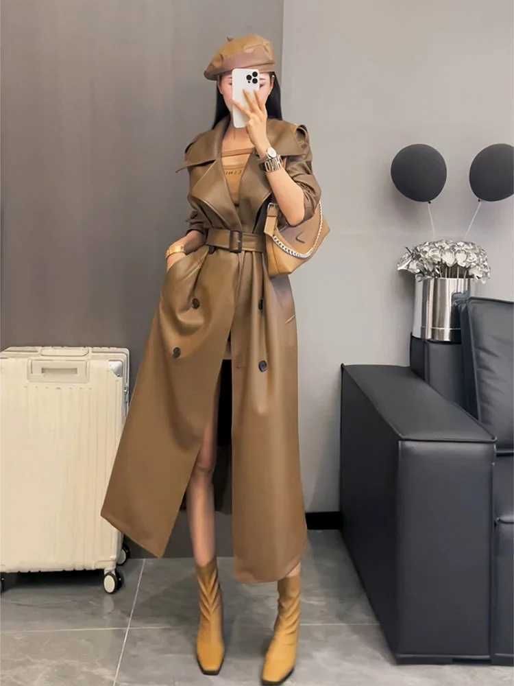 Spring Autumn Extra Long Oversized Cool Black Pu Leather Trench Coat for Women Belt Runway Fashion 2024X240921