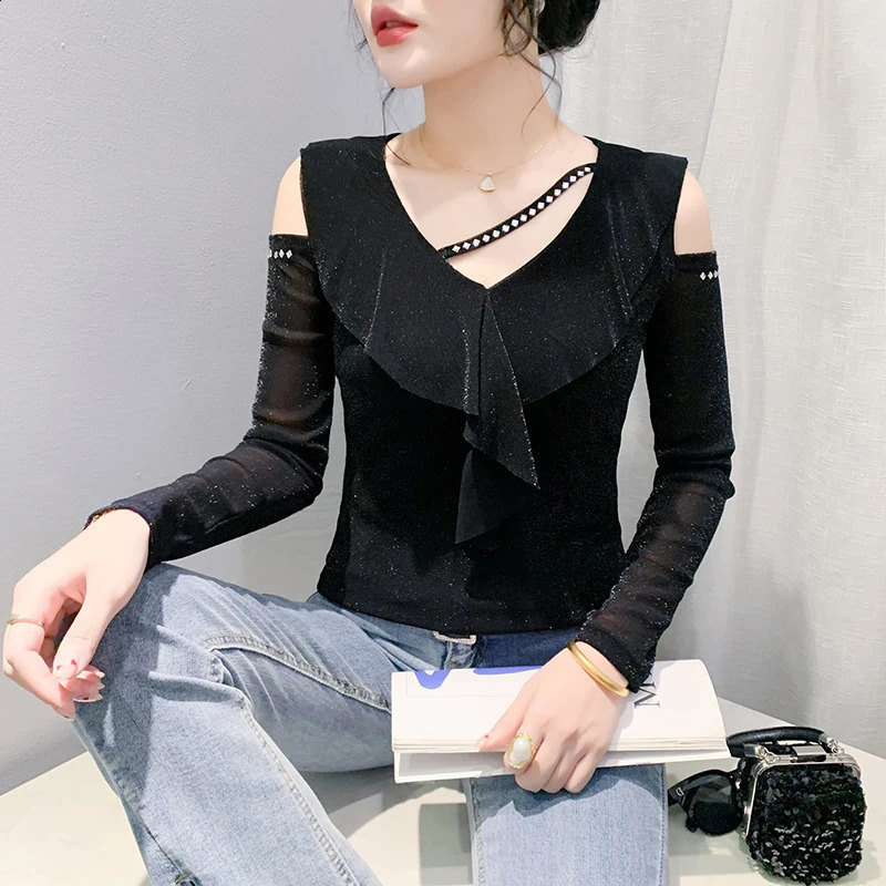 2024 Autumn Korean Mesh Ruffle V-neck Diamond T-shirt Off Shoulder Fashion Long Sleeve Top 240918