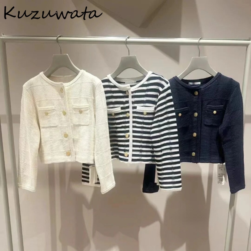 Kuzuwata Moda O Neck Long Sleeve Coat Single Breasted Small Fragrance Casual Jacket Japan New Knit All-Match Elegant Outwear