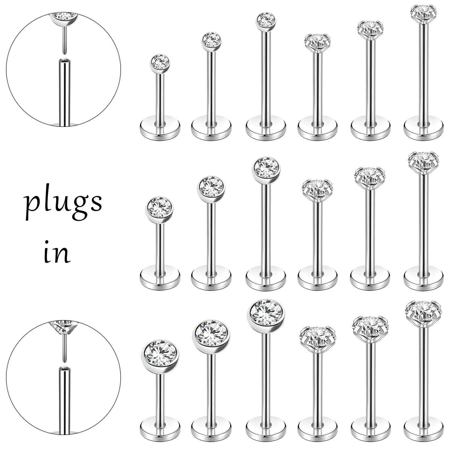 ZS 1PC Shiny Zircon Labret Piercing Ring Stainless Steel Lip Studs Ceystal Body Piercings Jewellry Helix Conch Tragus Earrings Y240921