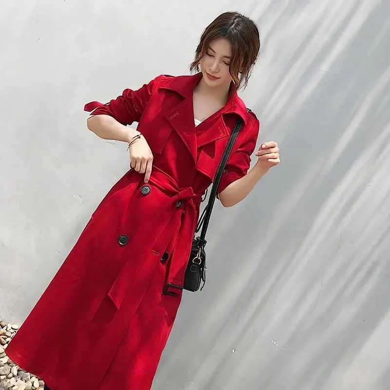Autumn Korean Women Red Trench Coat With Sashes Elegant Double Breasted Long Sleeve Lapel Mid-length Windbreaker Female 2024 NewX240921
